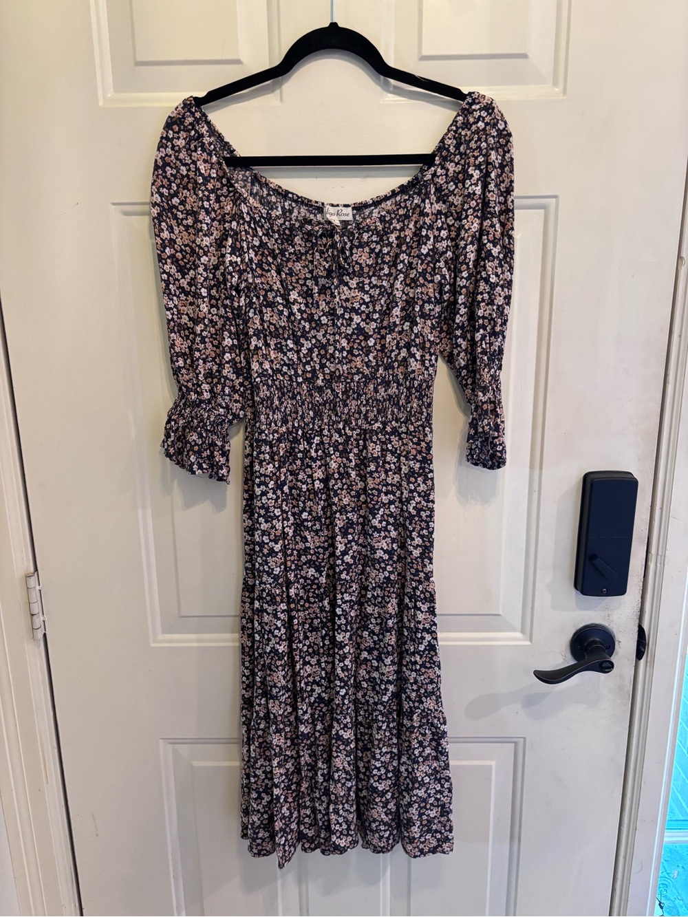 Indigo Rose Boho Chic Smocked Floral Midi Dress in Navy Blue - Picture 5 of 5